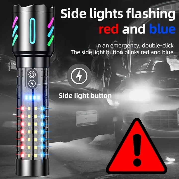 Lanterna tactica LED, tip C reincarcabila, multi-color, 5 moduri, dimensiuni compacte.