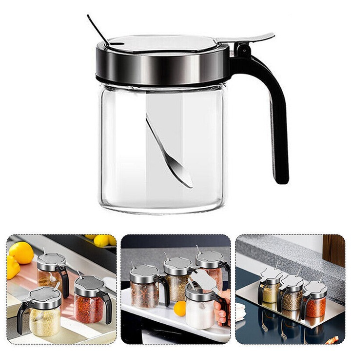 Recipient de condimente din sticla, 300ml, 7.5x9.5cm, capac etans, cu lingurita, set de 2 bucati