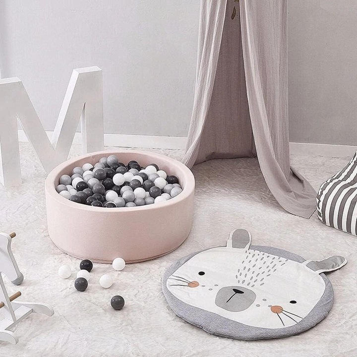 Covor de joaca pentru copii, 95cm, din bumbac, moale, gri, design iepuras