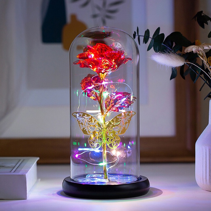 Trandafir de sticla cu LED, aranjament floral, 22x11.5cm, multicolor, cadou pentru femei