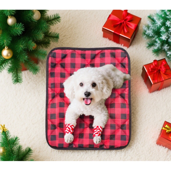 Culcus autoincalzitor pentru animale, saltea pentru caini si pisici, design rezistent la muscaturi, rosu si negru, 50x70cm