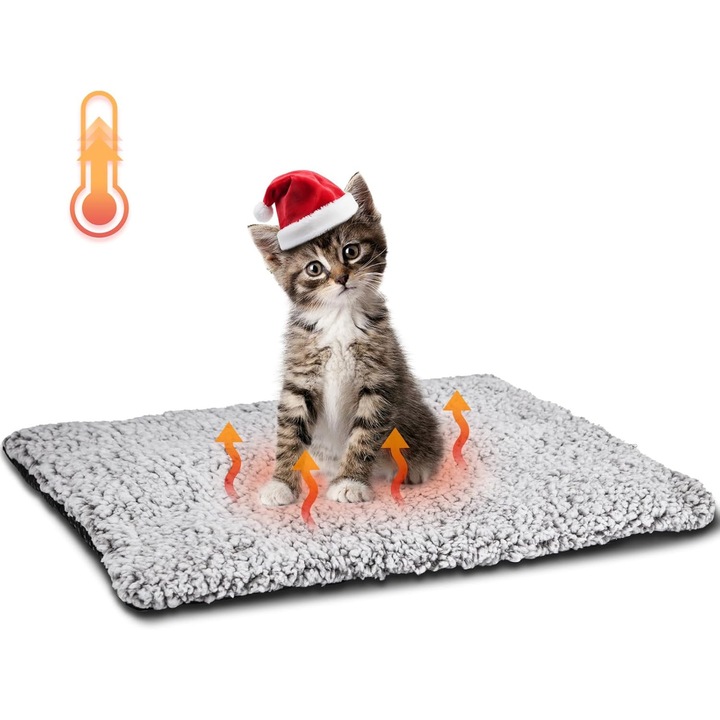 Culcus autoincalzitor pentru caini si pisici, moale, lavabil, antiderapant, gri deschis, marimea M