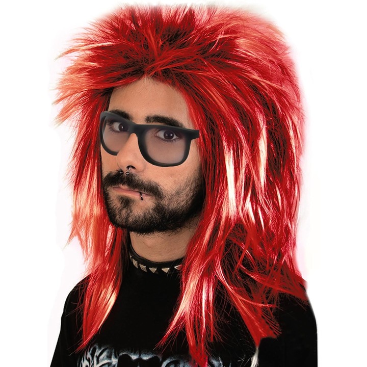 Peruca rocker rosie unisex, costum retro 80s, accesorii petrecere carnaval