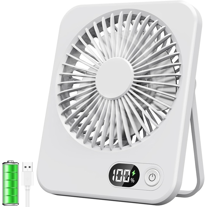 Ventilator birou portabil, 5 viteze, acumulator 2500mAh, display LED, 16.5x13.2x3.8cm, alb