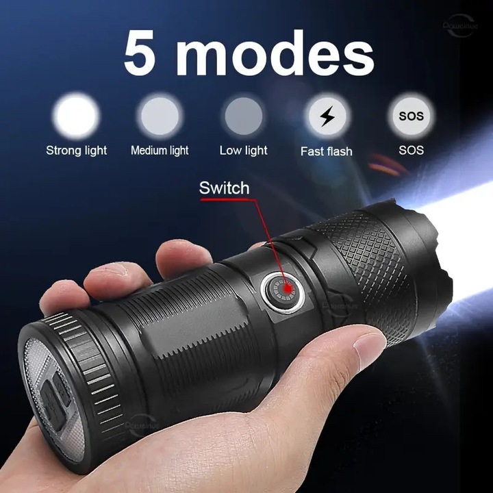 Taktikai zseblámpa 30W, 5 mód, 2600mAh, SOS funkció, fekete