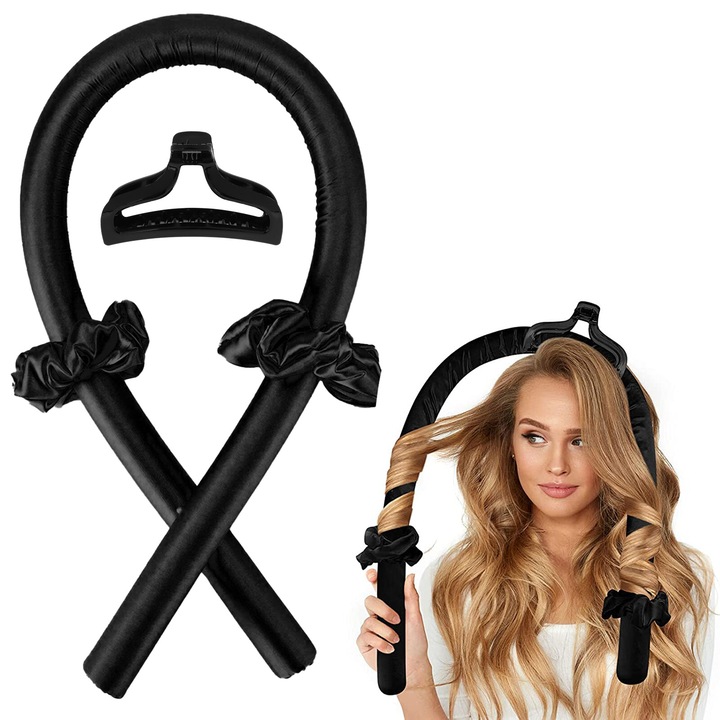 Banda de ondulare fara caldura, accesorii par, efect mistic, negru, set cu clips pentru par