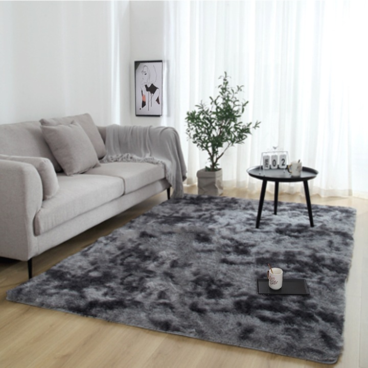 Covor rectangular, 120x160cm, gri inchis, din poliester, 3.5cm inaltime pile, set covor moale.