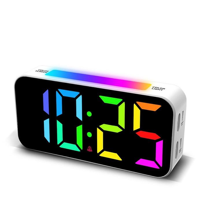 Ceas de alarma RGB pentru dormitor, 8 efecte de iluminare, dimabil, multicolor, 30x10cm
