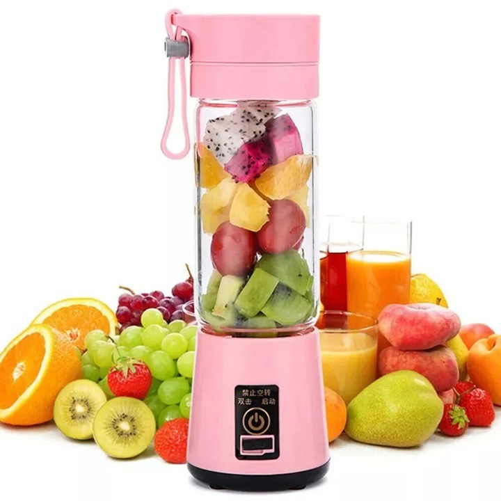 Hordozható turmixgép 6 pengével, USB-ről tölthető, multifunkcionális, rózsaszín, 380ml