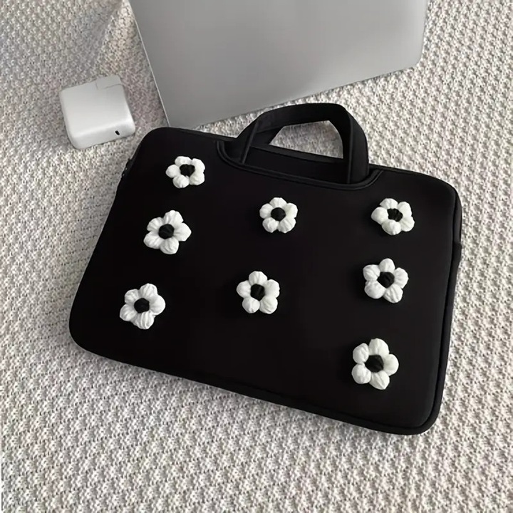 Geanta laptop florala neagra si alba, usoara si rezistenta la socuri, pentru laptopuri de 14/15 inch