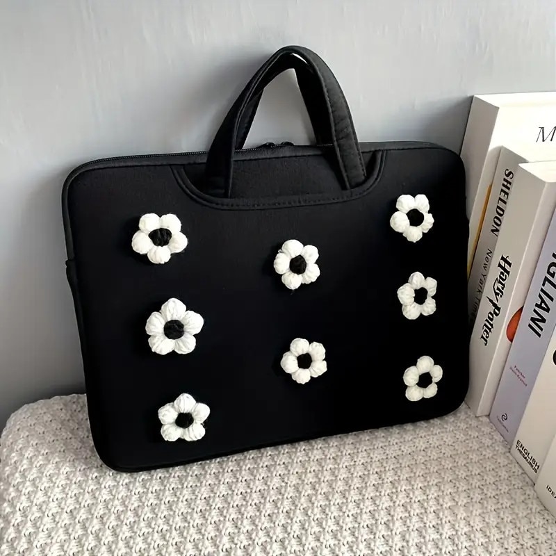 Geanta laptop florala, 13.3/13.6 inch, protectie soc, negru si alb