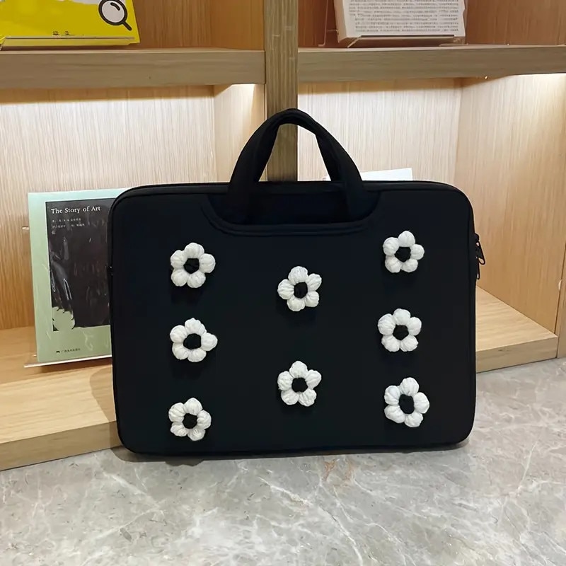 Geanta laptop florala, 13.3/13.6 inch, protectie soc, negru si alb