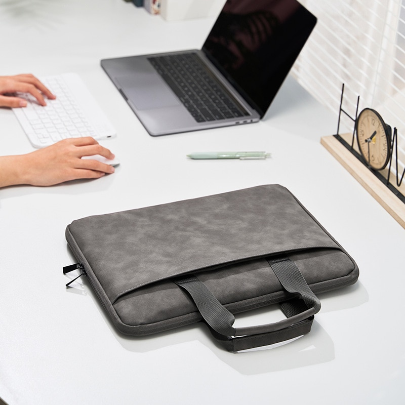 Geanta laptop din piele, design deschis, compartimente multiple, gri, 30x40x10cm