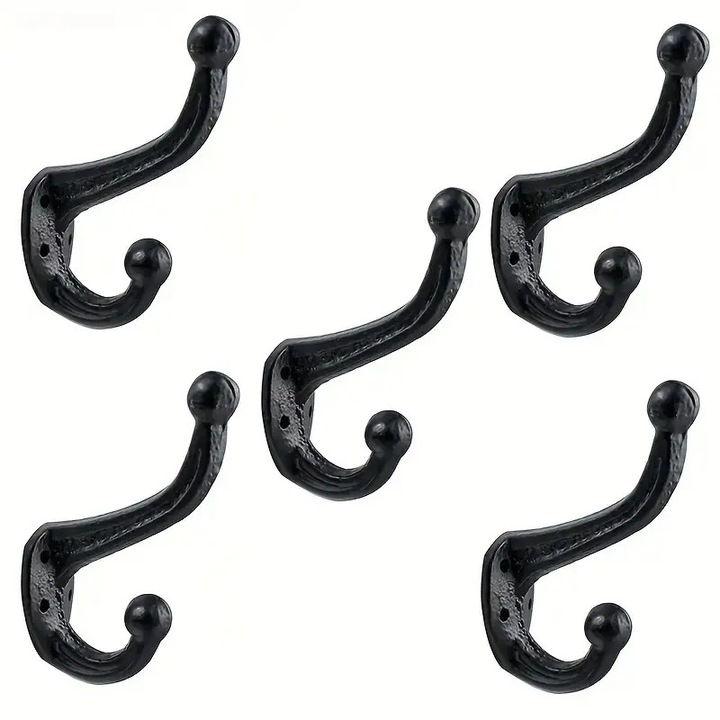 Set de 5 cuiere din fonta, design cu doua capete, negru antic, decor vintage