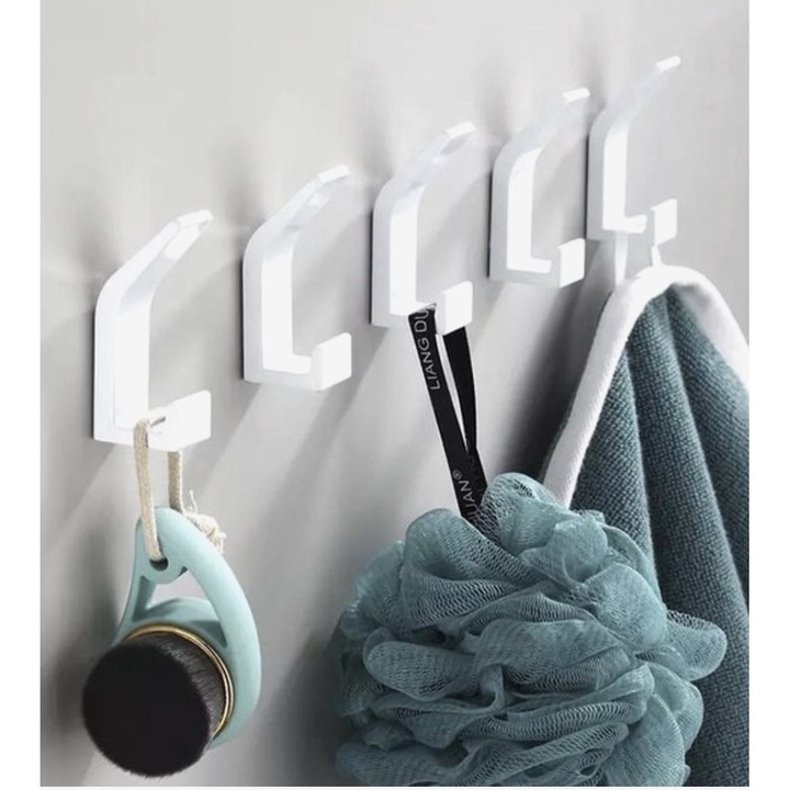Set de carlige adezive, 10 bucati, alb, design modern, pentru haine si prosoape