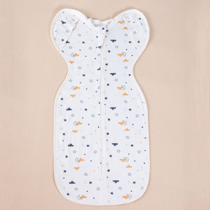 Sac de dormit pentru bebelusi, Stars & Moon, design cu fermoar dublu, hem in forma de para, 5-8 kg, multicolor