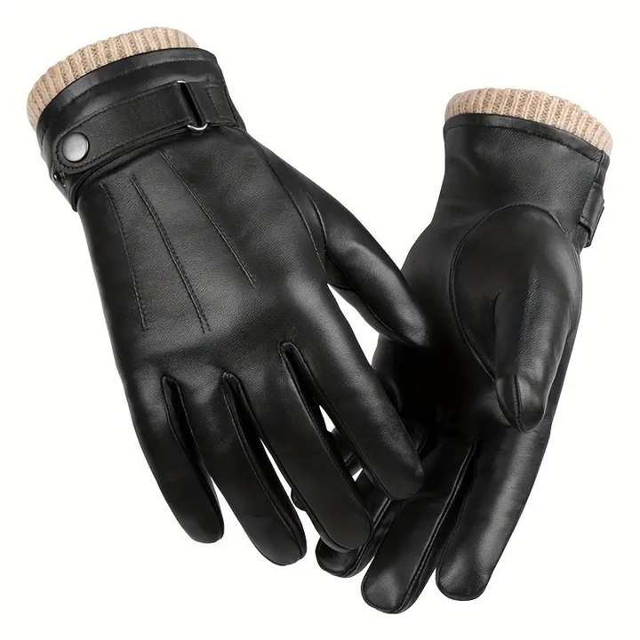 Manusi de iarna pentru barbati, calde, compatibile cu ecranul tactil - Design moale, cu degete complete si curea reglabila la incheietura, manusi termice maro (negru, L)