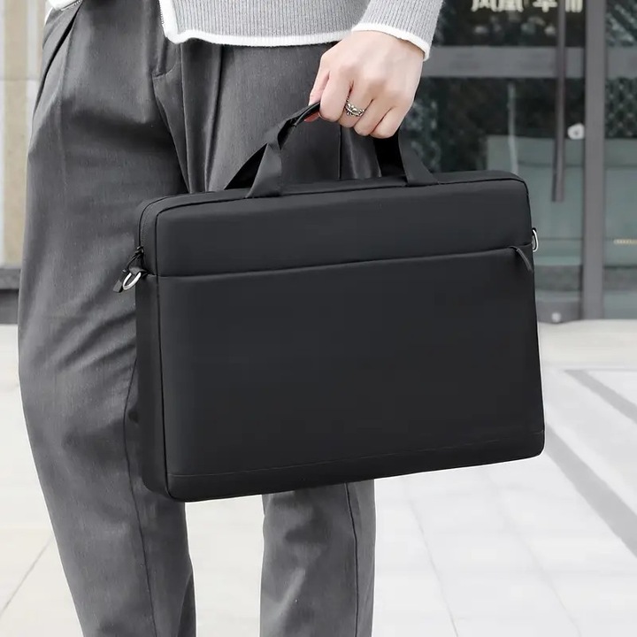 Geanta laptop set, 15 inch, neagra, cu curea ajustabila si inchidere cu fermoar