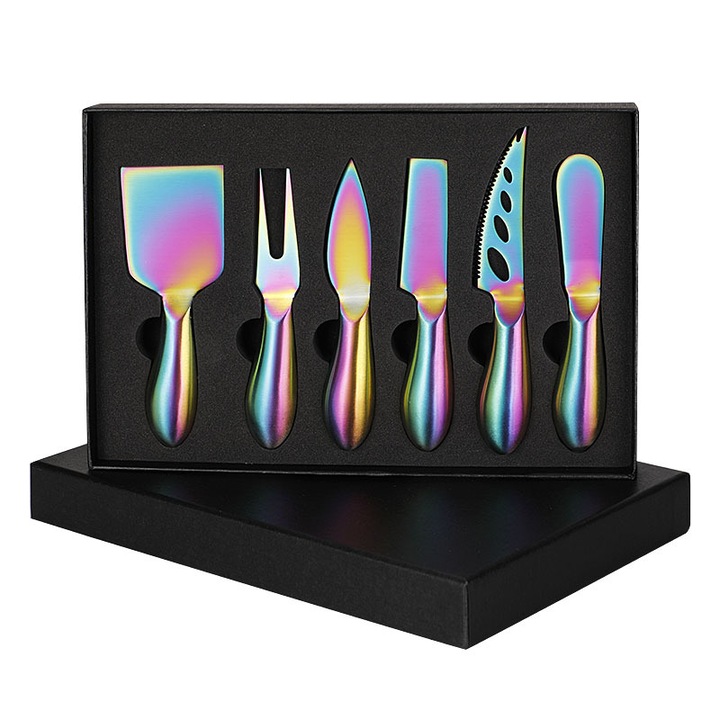 Set de 6 cutite din otel inoxidabil pentru branza, multi-functionale, colorate