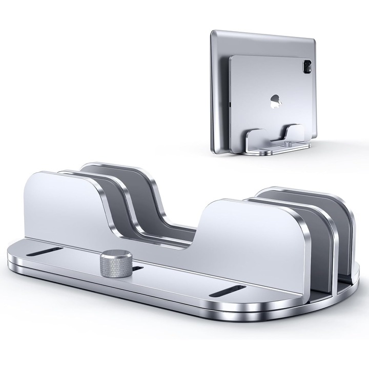 Suport vertical pentru laptopuri, design cu doua sloturi, aluminiu, ajustabil, pentru laptopuri de pana la 17.3 inch, multicolor