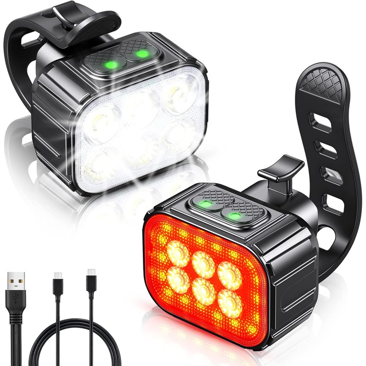 Lumina bicicleta, LED, reincarcabil USB, impermeabil IP65, moduri multiple, iluminare fata si spate