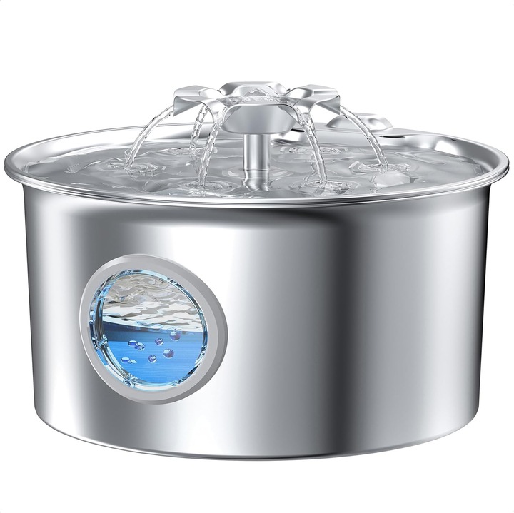 Fântână pentru pisici din oțel inoxidabil, 3,2L, iluminare LED