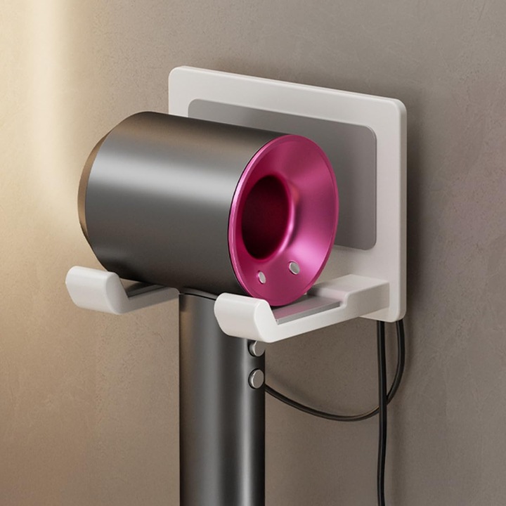 Suport pentru uscator de par, aluminiu de aviatie, design fara gauri, management cablu, alb