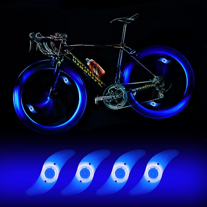 Set de 4 lumini LED pentru roti de bicicleta, impermeabile, albastre, 12.8x3.5x2cm