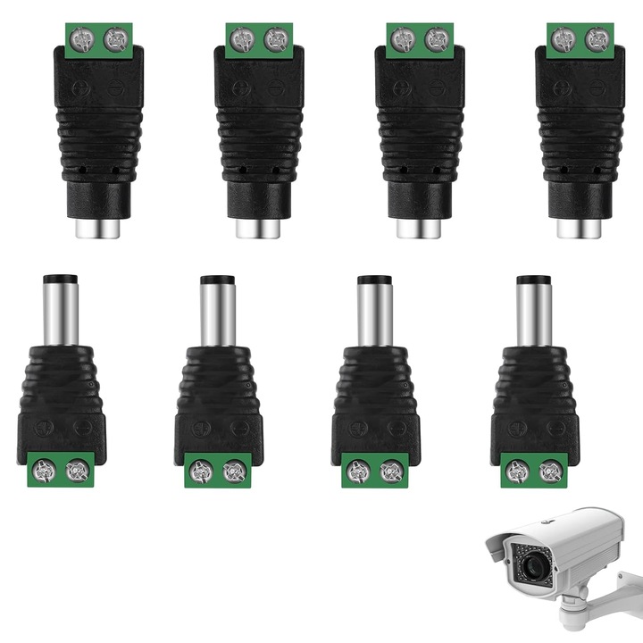 Комплект от 8 DC конектора 5.5mm x 2.1mm, адаптер за камери за наблюдение и LED ленти, компактни размери, за вътрешна/външна употреба