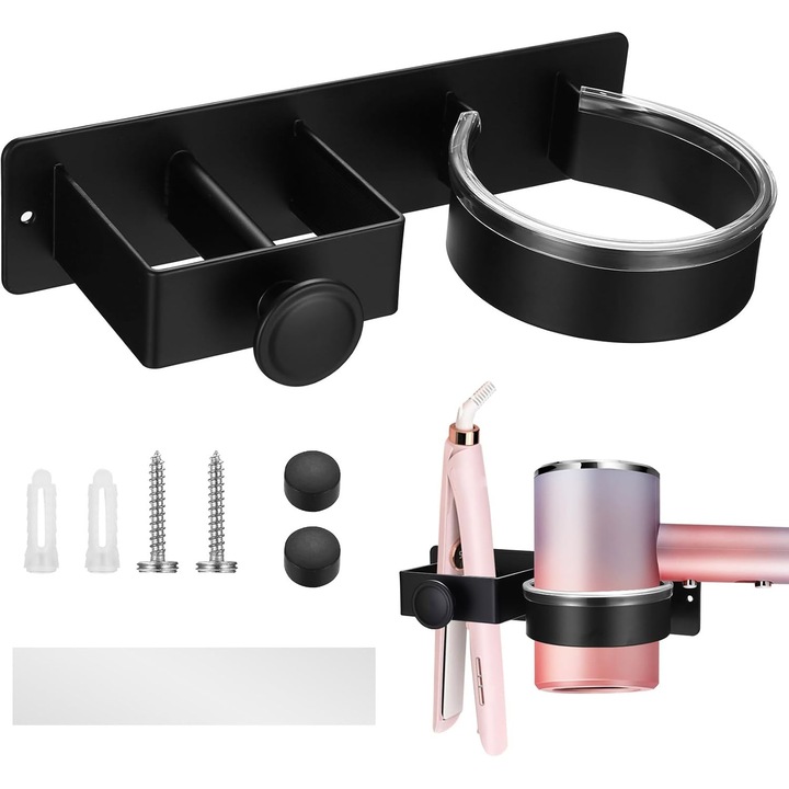 Suport pentru uscator de par si indreptator, design fara gaurire, negru, dimensiuni variate