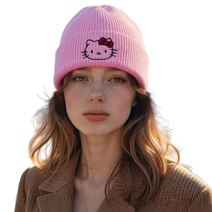 Дамска плетена шапка, анимационен стил, розова
