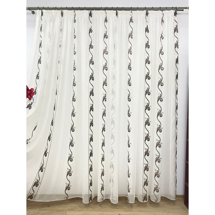 Perdea brodata mecanic, culoare ivoire/maro, cu rejansa, 400x245cm, din colectia "Gladiola" by Liz Line - PD0654