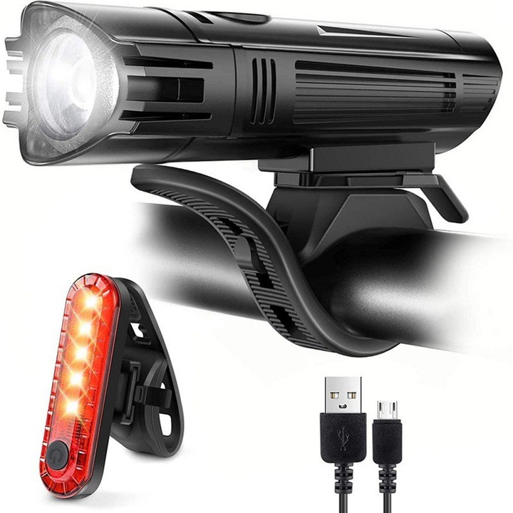 Set Lanterna LED, 2000 mAh, 4 moduri, Far Bicicleta Fata Spate Reincarcabila cu Acumulator, Negru