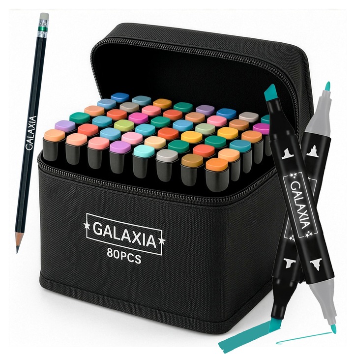 Комплект от 80 Професионални Маркера GALAXIA®, Многоцветни Маркери с Мастило на Алкохолна Основа, Двоен Връх, Калъф за Транспортиране