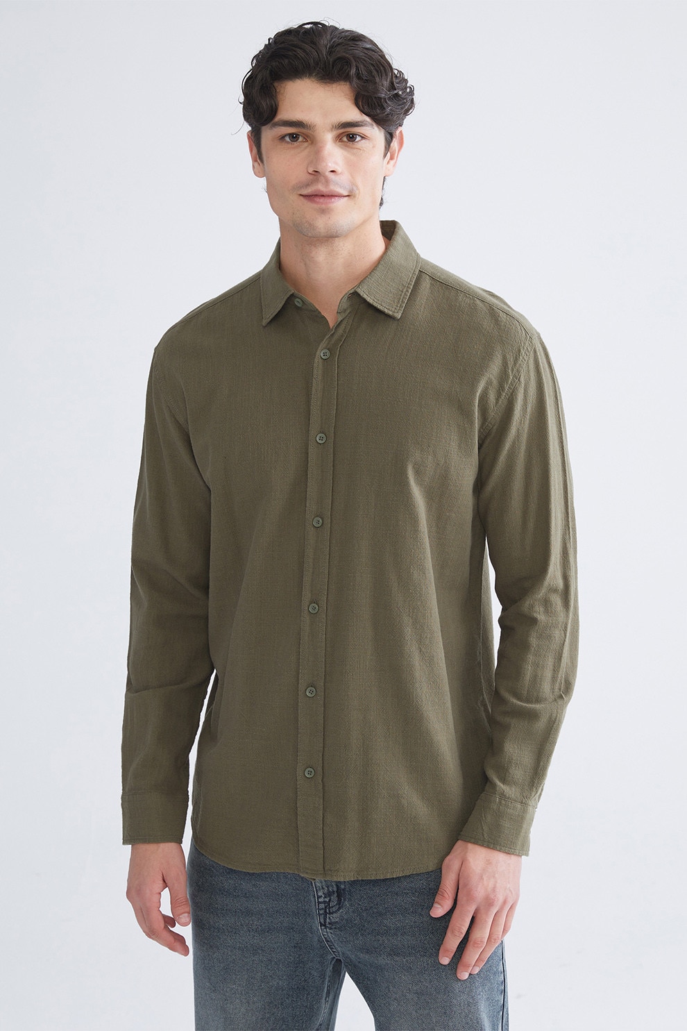 LC WAIKIKI, Camasa de bumbac cu maneci lungi, Verde feriga, S