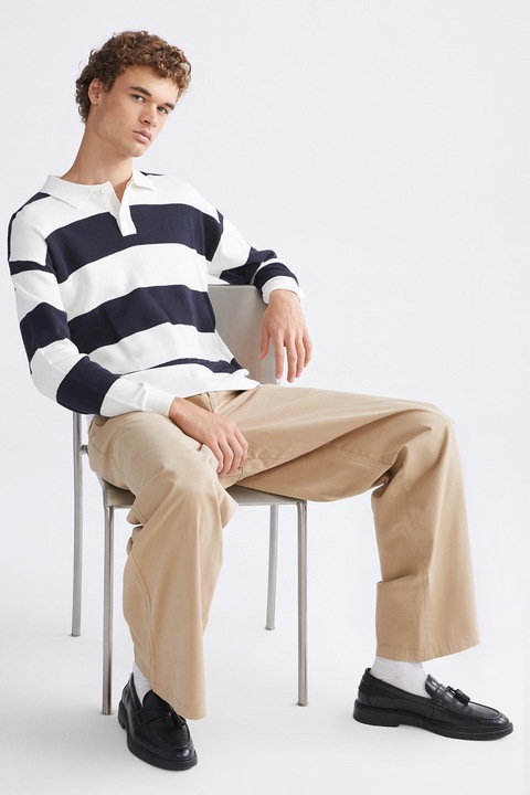 LC WAIKIKI, Pulover cu model in dungi si guler ascutit, Alb/Bleumarin