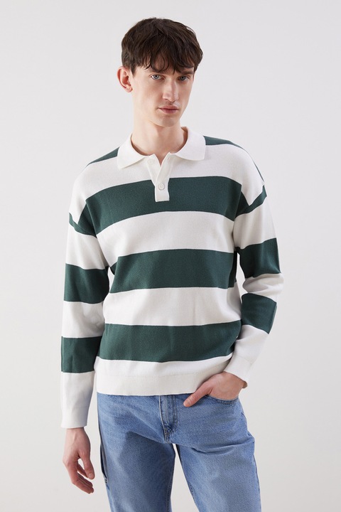 LC WAIKIKI, Pulover cu model in dungi si guler ascutit, Alb/Verde padure