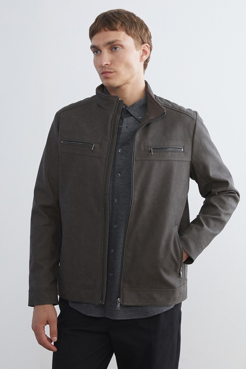 LC WAIKIKI, Jacheta din piele ecologica cu buzunar cu fermoar, Kaki inchis