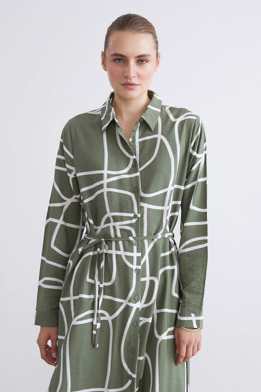 LC WAIKIKI, Rochie cu croiala in A, model si cordon subtire in talie, Alb, Verde sparanghel, 36