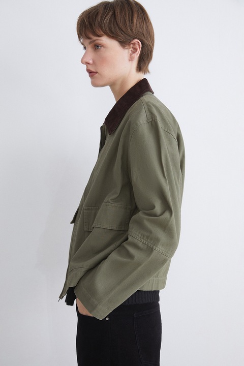 LC WAIKIKI, Jacheta din bumbac cu guler din reiat, Verde inchis