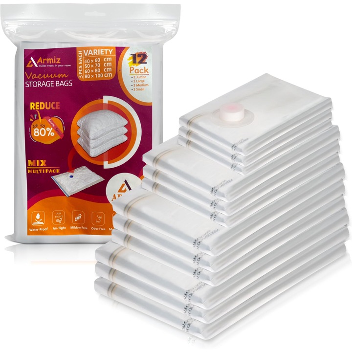 Saci de Vidat – Set 12 Bucati, 4 Dimensiuni, Depozitare Haine si Lenjerii, Reduc Spatiul cu Pana la 80%, Utilizare cu Aspirator (fara pompa inclusa)