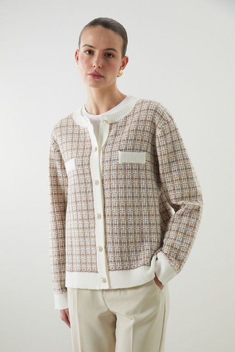 LC WAIKIKI, Cardigan din tricot cu nasturi rotunzi perlati, Alb/Maro deschis