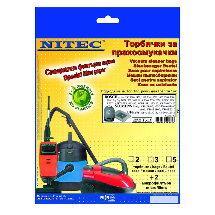 Saci pentru aspiratoare, NITEC, cod T313, 2 saci, compatibilitatea este mentionata pe ambalaj