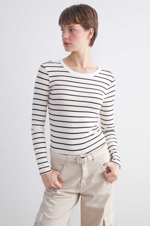 Lc Waikiki, Bluza slim-fit cu decolteu la baza gatului si dungi, Negru/Alb murdar, 3XL