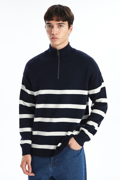 LC WAIKIKI, Pulover de bumbac cu fermoar scurt, Alb/Bleumarin