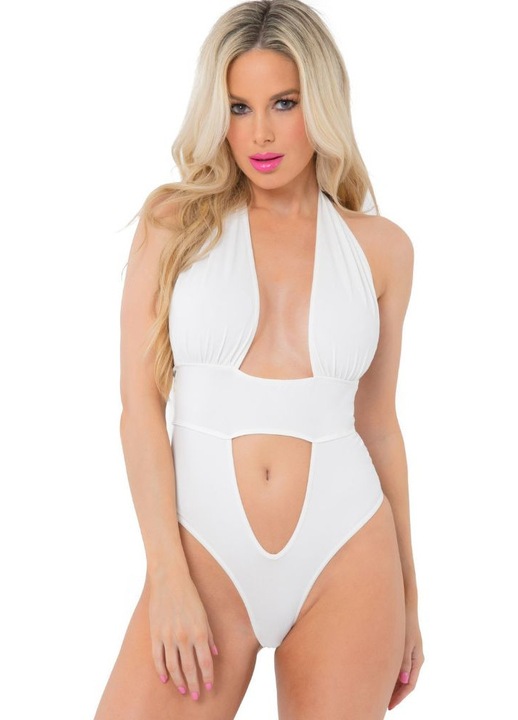 Szexi body LoveCherry Take The Plunge, fehér, S/M, mély kivágások, tanga fazon