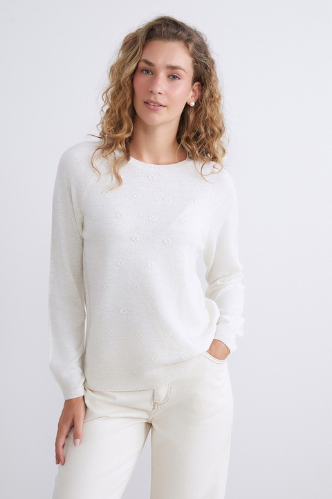 LC WAIKIKI, Pulover cu broderie florala si maneci raglan, Alb fildes