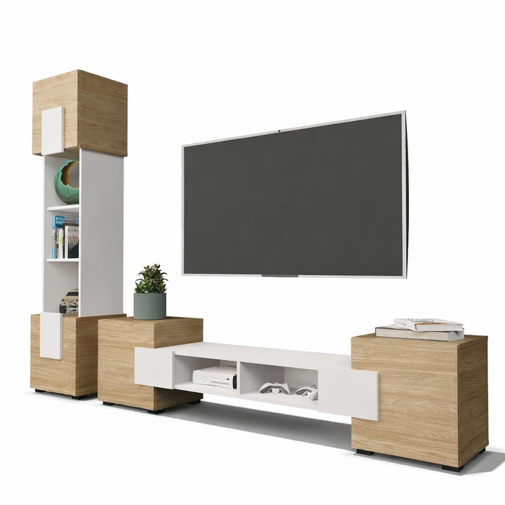 Set mobila living TV Torino, PAL melaminat, 220 x 172 x 35 cm, Stejar Alb