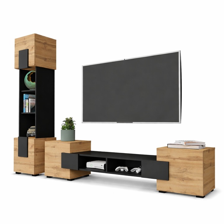 Set mobila living TV Torino, PAL melaminat, 220 x 172 x 35 cm, Negru/Wotan