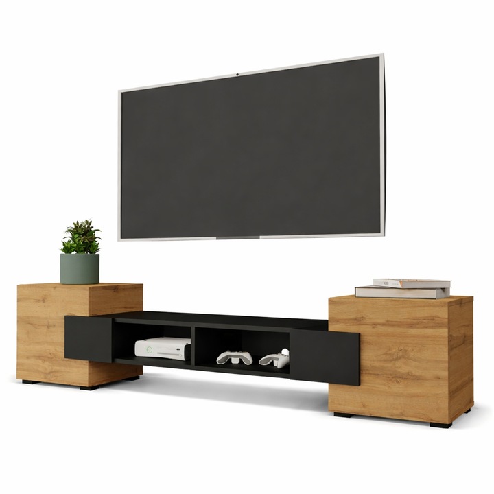 Dulap TV Torino, PAL melaminat, 181 x 40 x 35 cm, Negru/Wotan